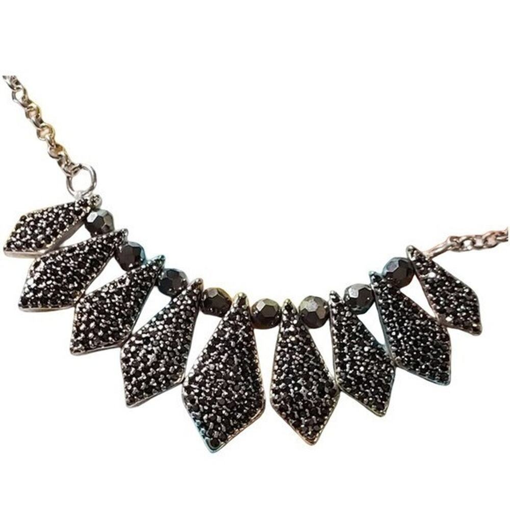 Lucky Brand Silver Tone Hematite Pave Geometric Diamond Fan Statement Necklace